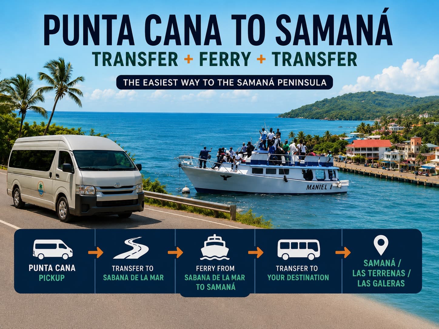 Punta Cana'dan Samaná'ya Feribot: Otobüs veya Van ile Komple Transfer + Feribot + Samaná, Las Terrenas ve Las Galeras'a Son Transfer